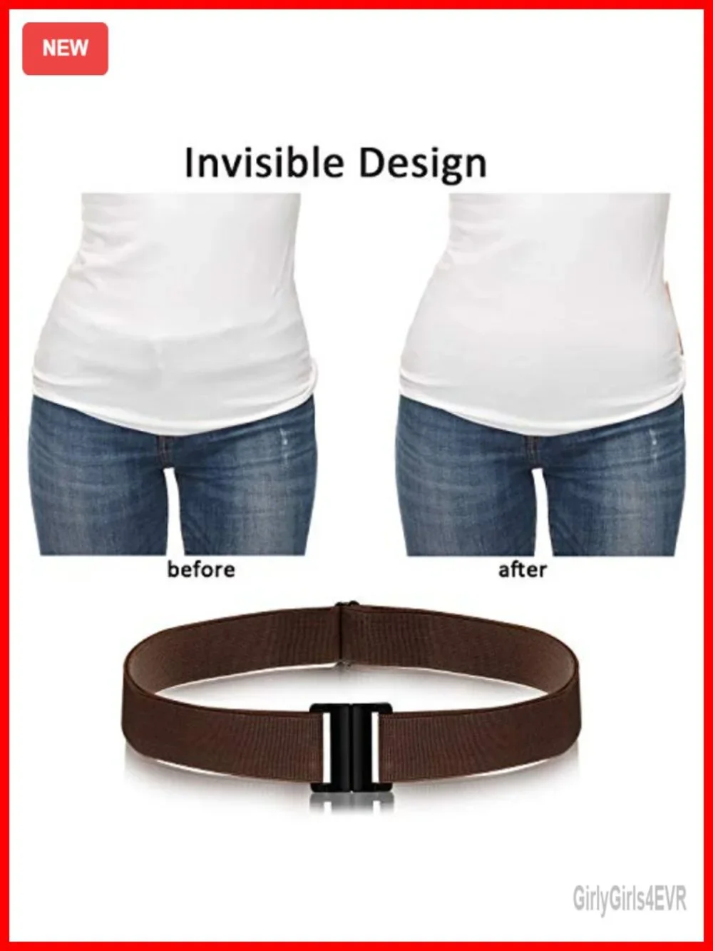 Invisible Elastic Belt for Women, Flat Plastic Buckle, Adjustable Shirt Tuck